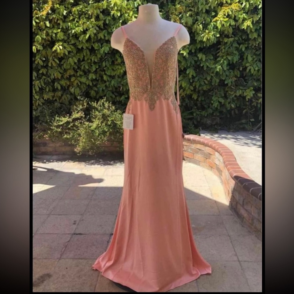 Glow Dress coral rhinestone dress with train size 8
